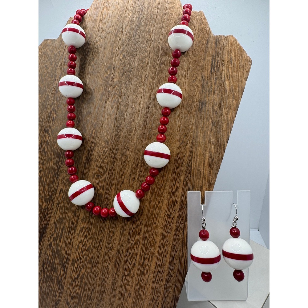 Red White Striped Beaded Necklace and Earring Set Retro Nautical Fishing Bobber